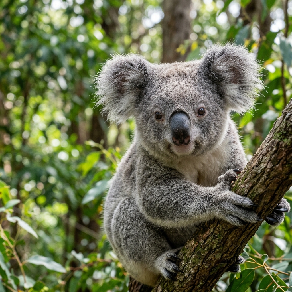 Koala with complex forest background